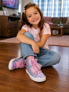 Adorable Jojo Siwa high top sneakers girl sz 2 🌈 holographic bow lace NWT
